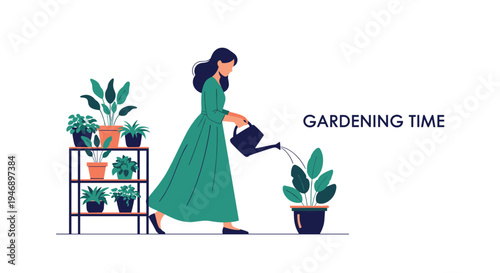 Elegant woman in a green dress takes care of her indoor garden by watering a potted plant from a black can in a peaceful setting.