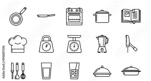 A set of kitchen icons including cooking utensils and appliances in a minimalist line art style