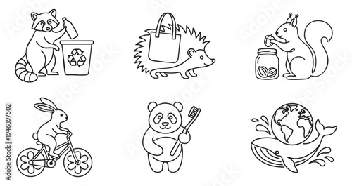 Eco friendly animals lifestyle collection with raccoon recycling panda with bamboo toothbrush and whale saving earth line art on a transparent background.