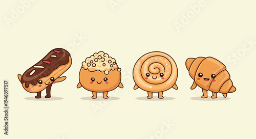 Row of adorable kawaii pastry characters including an eclair, a bun, a cinnamon roll, and a croissant with cute smiling faces.