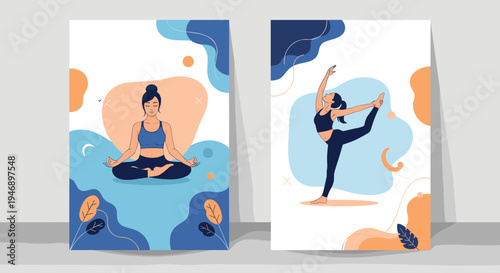 Set of two yoga posters featuring a woman in meditation and balancing poses with abstract shapes and calming blue and orange tones.