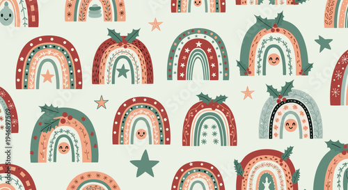 Whimsical holiday rainbows and festive stars create a soft and merry seamless pattern perfect for Christmas themed textiles or decor.