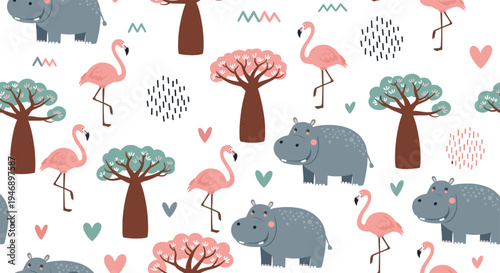 Tropical pattern features pink flamingos and grey hippos walking among stylized baobab trees and colorful hearts on a white background.