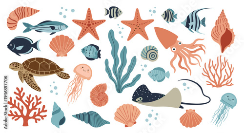Diverse sea life collection features a turtle, jellyfish, squid, starfish, various fish, seashells, and colorful coral reefs.
