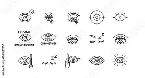A collection of minimalist eye icons and illustrations for optometrist clinics and vision care services