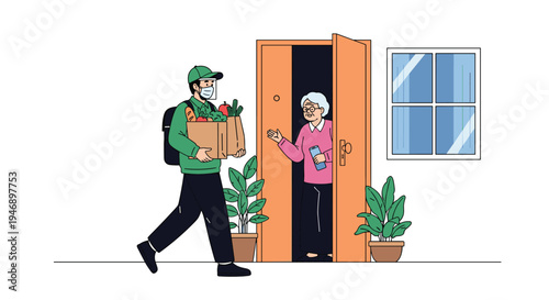 Professional delivery courier wearing a face mask delivers bags of fresh groceries to an elderly woman at her front door.
