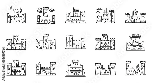 Collection of Castle Illustrations - Medieval Fortresses and Architectural Designs.