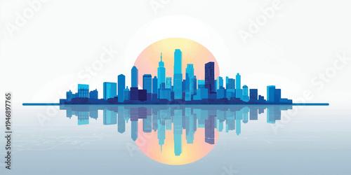 A stunning panorama of the New York City skyline at night features urban skyscrapers and architecture reflected in the water as a modern cityscape illustration of a downtown metropolis