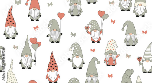 Festive Christmas gnomes dressed in grey and red with long beards hold balloons and hearts in this cute holiday seamless pattern.