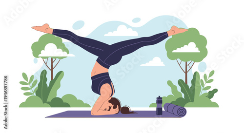 Athletic woman demonstrates strength and balance while performing an advanced yoga headstand pose on a mat in a park setting.