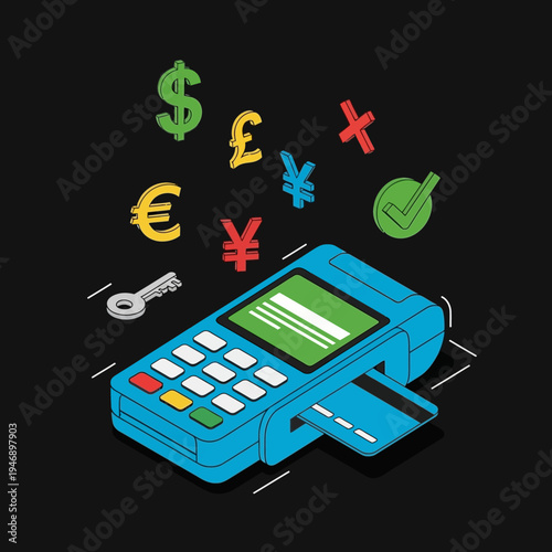 Isometric illustration of a point of sale terminal with currency symbols and a credit card.