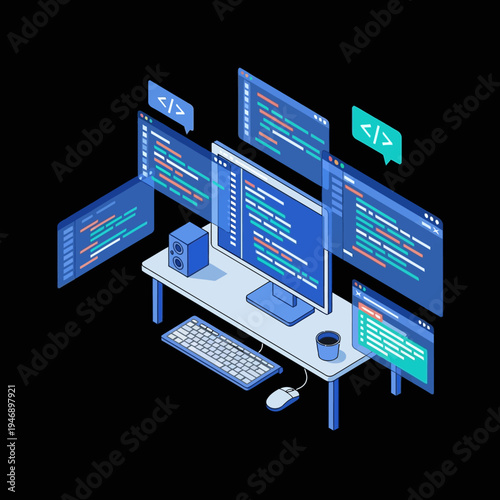 Isometric illustration of a programmer's workspace with multiple coding windows and a computer.