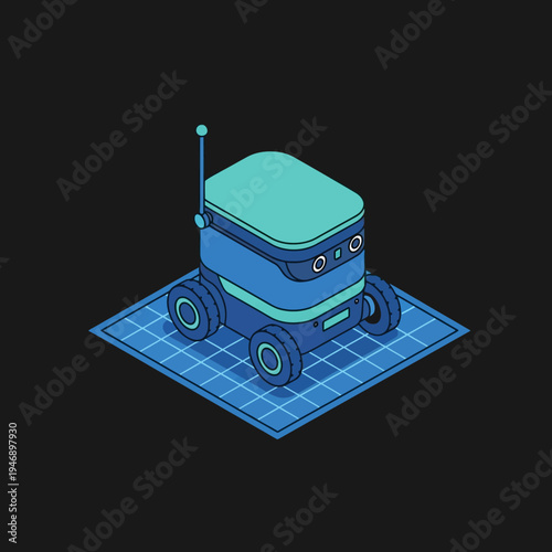 Isometric illustration of a delivery robot with antenna, wheels, and a square platform.