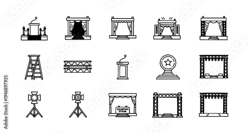 A collection of black and white vector icons depicting various theatrical stage elements and equipment