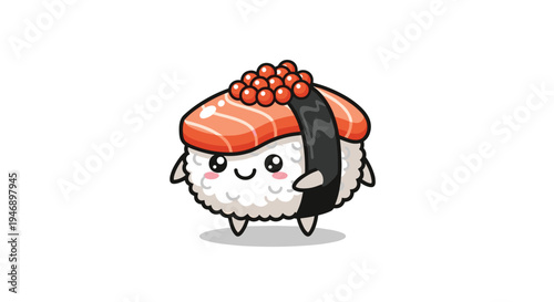 Smiling cartoon salmon nigiri character stands alone with a happy expression in a cute and clean food themed illustration.