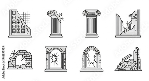Collection of Ancient Ruins and Architectural Fragments in Line Art Style.