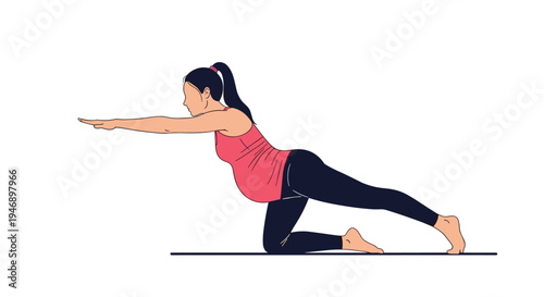 Fit pregnant woman in workout clothes practices a balancing yoga pose on a mat to maintain health and wellness during pregnancy.