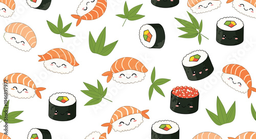 Another playful seamless pattern of cute sushi rolls and nigiri characters with friendly faces and green leaf decorations.