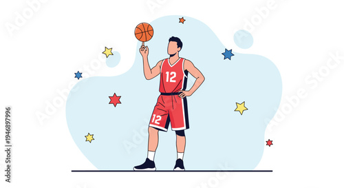 Confident basketball player in a red jersey spins the ball on his finger while standing in front of colorful stars and abstract shapes.