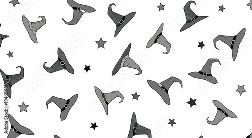 Seamless pattern with grey witch hats and stars for halloween decoration or spooky themed fabric and wrapping paper design.