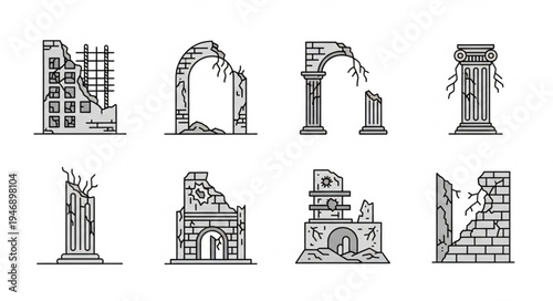 Collection of Ancient Ruins Illustrations in Linear Style.