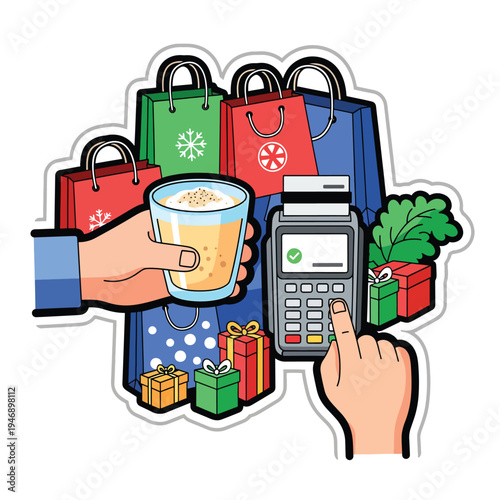 Person using payment terminal to buy coffee and gifts in colorful bags