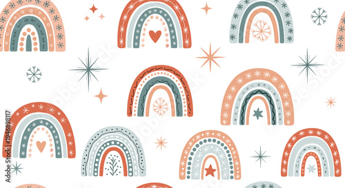 Seamless winter pattern featuring stylized rainbows decorated with snowflakes and stars in soft muted tones on white background.