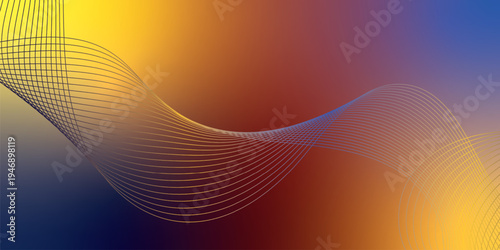 Radiant marron, yeallow, and navy blue light waves bending smoothly across a deep shadowed backdrop filled with shimmering micro sparkles, modern futuristic technology theme, vector illustration.