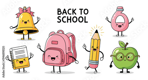 Collection of cute cartoon school supplies with happy faces including bell backpack pencil notebook apple and pink bottle.