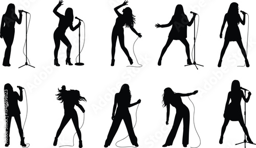 Female singer silhouettes in dynamic microphone performance poses, expressive concert gestures, music stage art illustration for entertainment design projects
