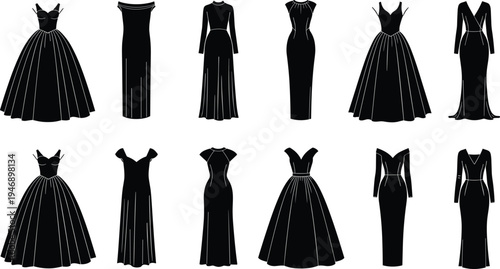Elegant silhouettes of formal evening gowns featuring diverse necklines, sleeve styles, and skirt designs, ideal for fashion, wedding, and gala themes.