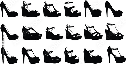 Fashionable women’s high heel shoe silhouettes collection, stylish pumps, sandals, wedges, platforms, footwear vector illustration for fashion design