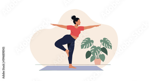 Young woman practicing yoga in balancing pose on blue mat in living room with green monstera plant decoration in the background.