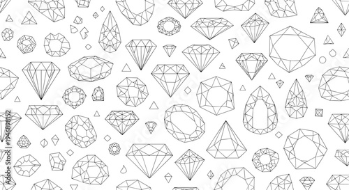 Seamless pattern showcasing various diamond and gemstone shapes in black and white linear style for luxury and jewelry design.
