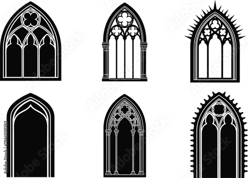 Gothic window silhouette illustrations featuring pointed arches, tracery, and ornate architectural designs for historical, artistic, and decorative projects