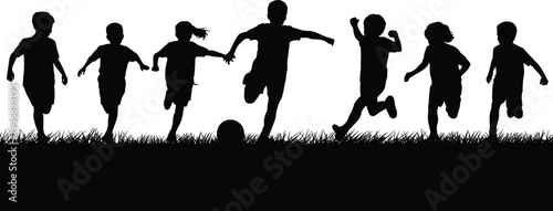 Dynamic silhouette of children running and playing soccer on grassy field, energetic black and white illustration symbolizing childhood, activity, and fun