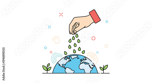 Human hand sowing green seeds over the planet earth globe symbolizing environmental care sustainability and global growth.