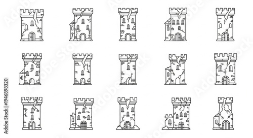 Collection of Ancient Stone Towers - Architectural Sketches in Black and White.