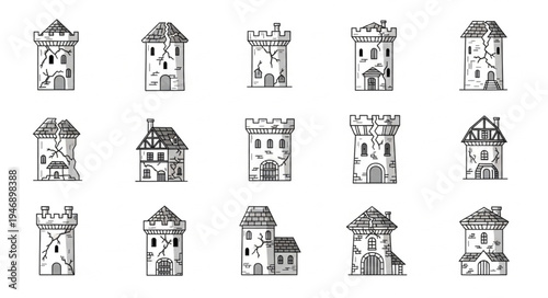 Collection of Medieval Tower Illustrations - Hand-Drawn Architectural Sketches.