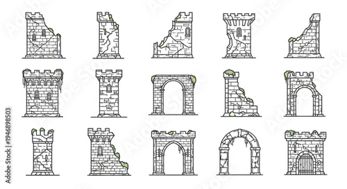 Collection of Ancient Ruined Structures and Architectural Elements.