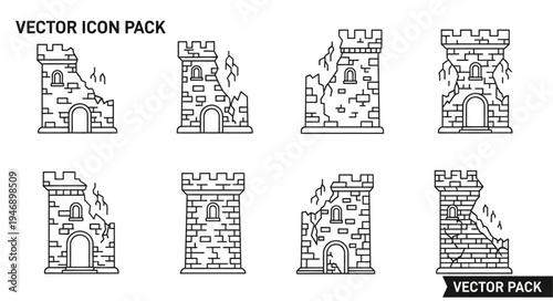 Set of Ruined Castle Tower Icons for Game Design.