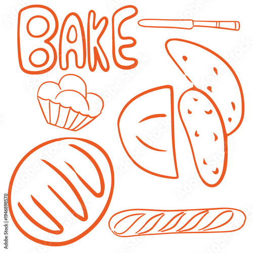 Bakery hand drawn doodle set with bread loaf baguette cupcake and bake lettering