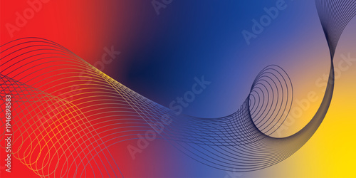 Radiant marron, yeallow, and navy blue light waves bending smoothly across a deep shadowed backdrop filled with shimmering micro sparkles, modern futuristic technology theme, vector illustration.