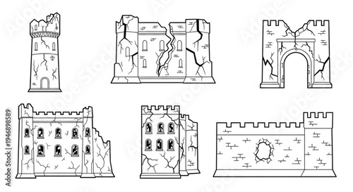 Detailed Line Art of Ruined Castle Structures for Fantasy Gaming.