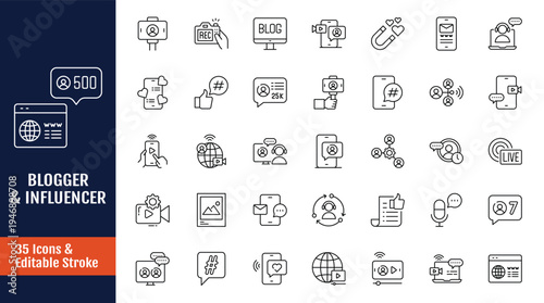 Blogger and influencer icon set. Outline icon with Editable stroke. Vector illustration