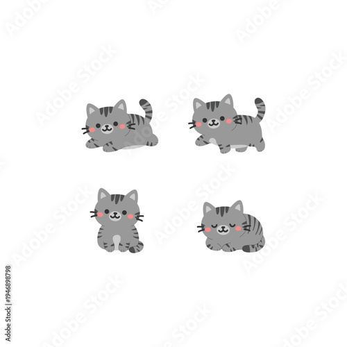 Cute kawaii tabby cat flat design style collection, vector illustration