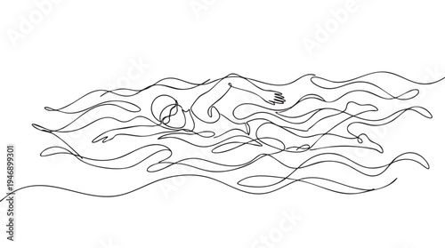 Minimalist single line drawing of a swimmer gracefully moving through stylized wavy water, conveying motion and fluidity.