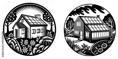 Modern Eco Friendly Sustainable House with Solar Panels and Green Garden Vector Illustration