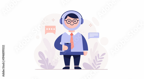 Friendly character in headphones and tie, holding a phone, with chat bubbles and plants