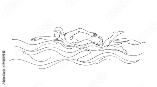 Minimalist line art illustration of a person swimming freestyle with dynamic water waves, perfect for sports and wellness themes.